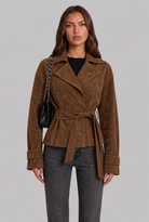 Notched collar suede-look belted jacket for women
