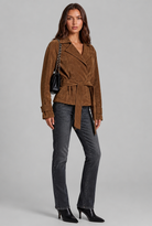 Notched collar suede-look belted jacket for women