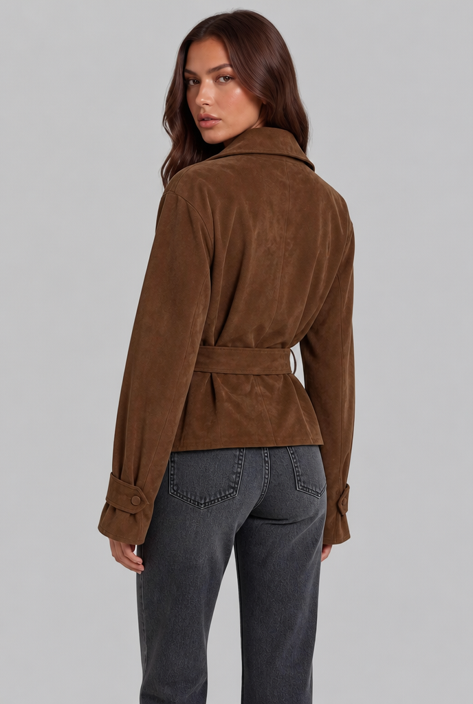 Notched collar suede-look belted jacket for women