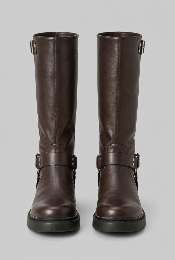 Knee-high harness buckle biker boots for women