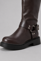 Knee-high harness buckle biker boots for women