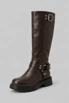 Knee-high harness buckle biker boots for women