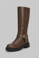 Knee-high harness buckle biker boots for women