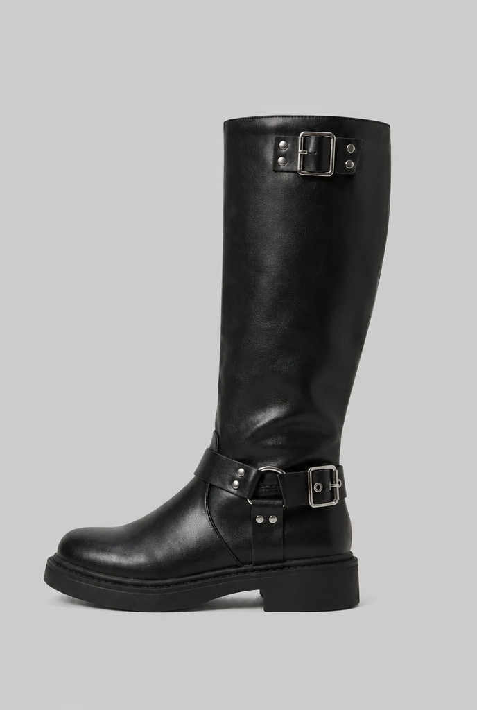 Knee-high harness buckle biker boots for women