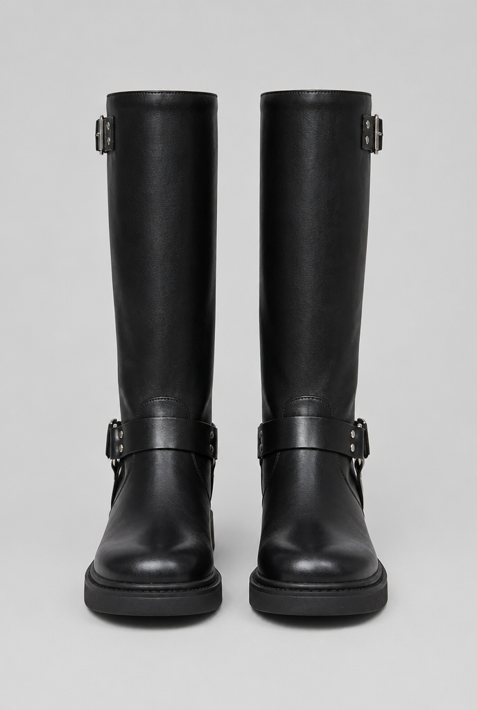 Knee-high harness buckle biker boots for women