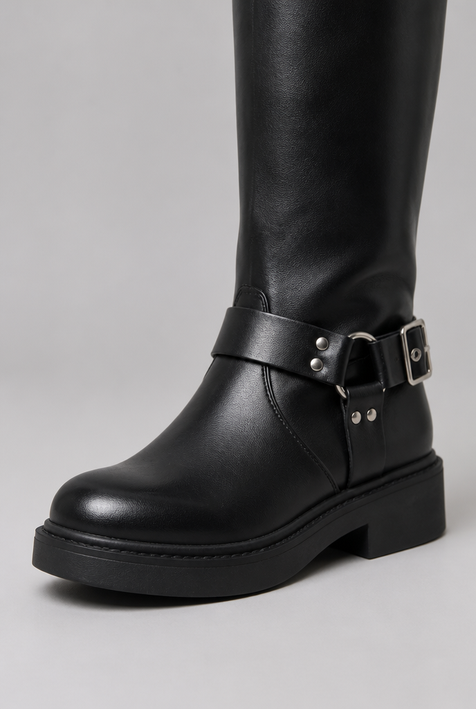 Knee-high harness buckle biker boots for women
