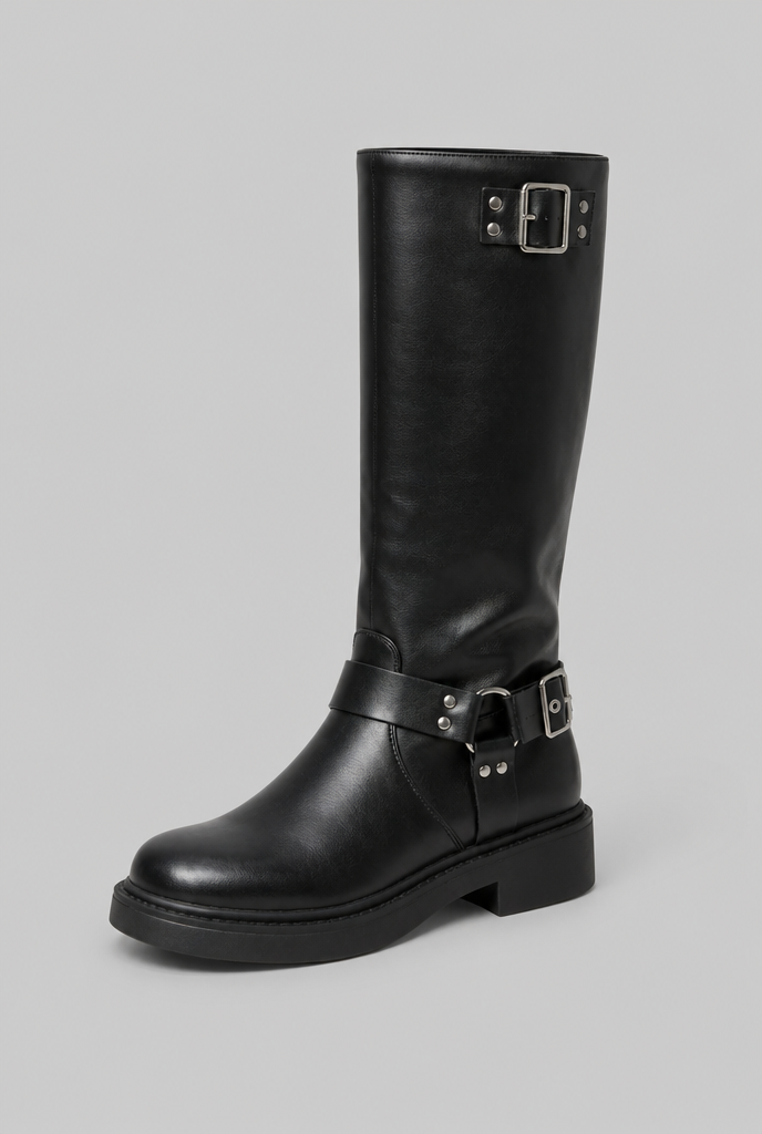 Knee-high harness buckle biker boots for women