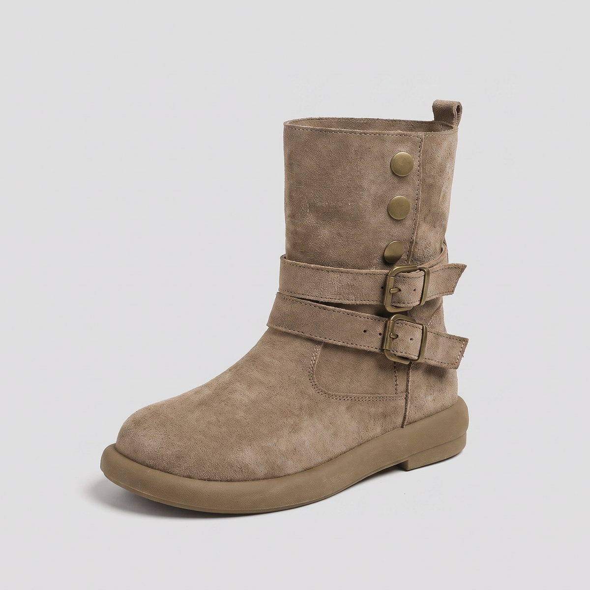 Flat suede-look double buckle boots for women
