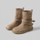 Flat suede-look double buckle boots for women
