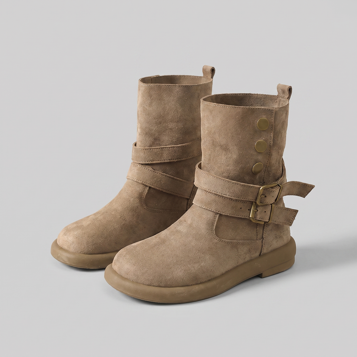 Flat suede-look double buckle boots for women