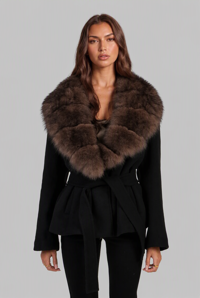 Faux fur collar belted coat for women
