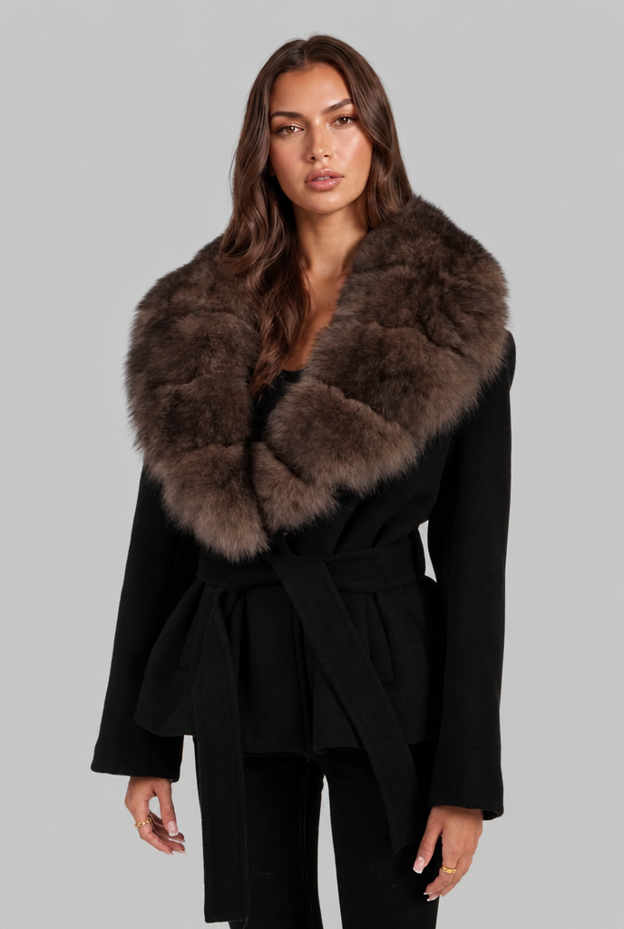Faux fur collar belted coat for women