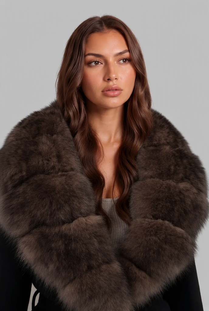 Faux fur collar belted coat for women