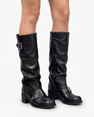 Briar buckle slouch boots with block heel