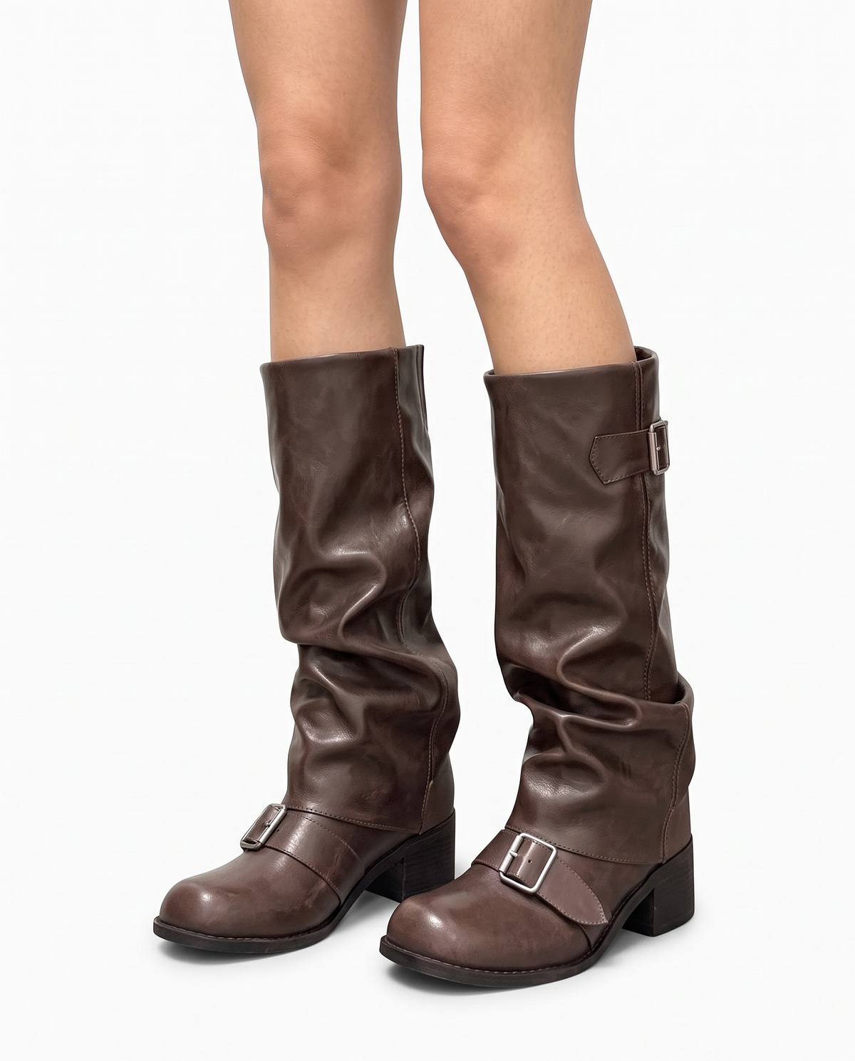 Briar buckle slouch boots with block heel