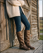Leontine women's brown fold-over knee boots with buckle - Brown styled with jeans