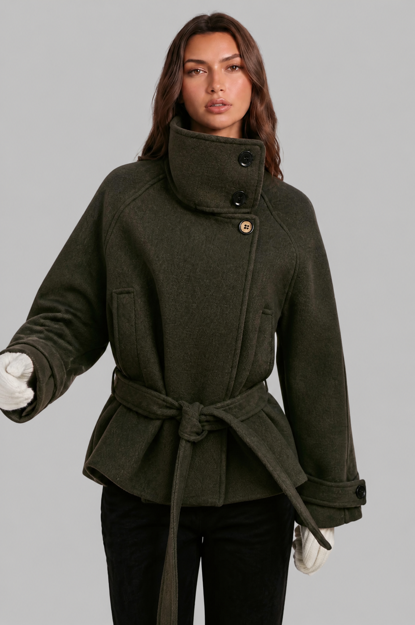 Short funnel neck belted coat for women