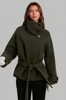 Short funnel neck belted coat for women