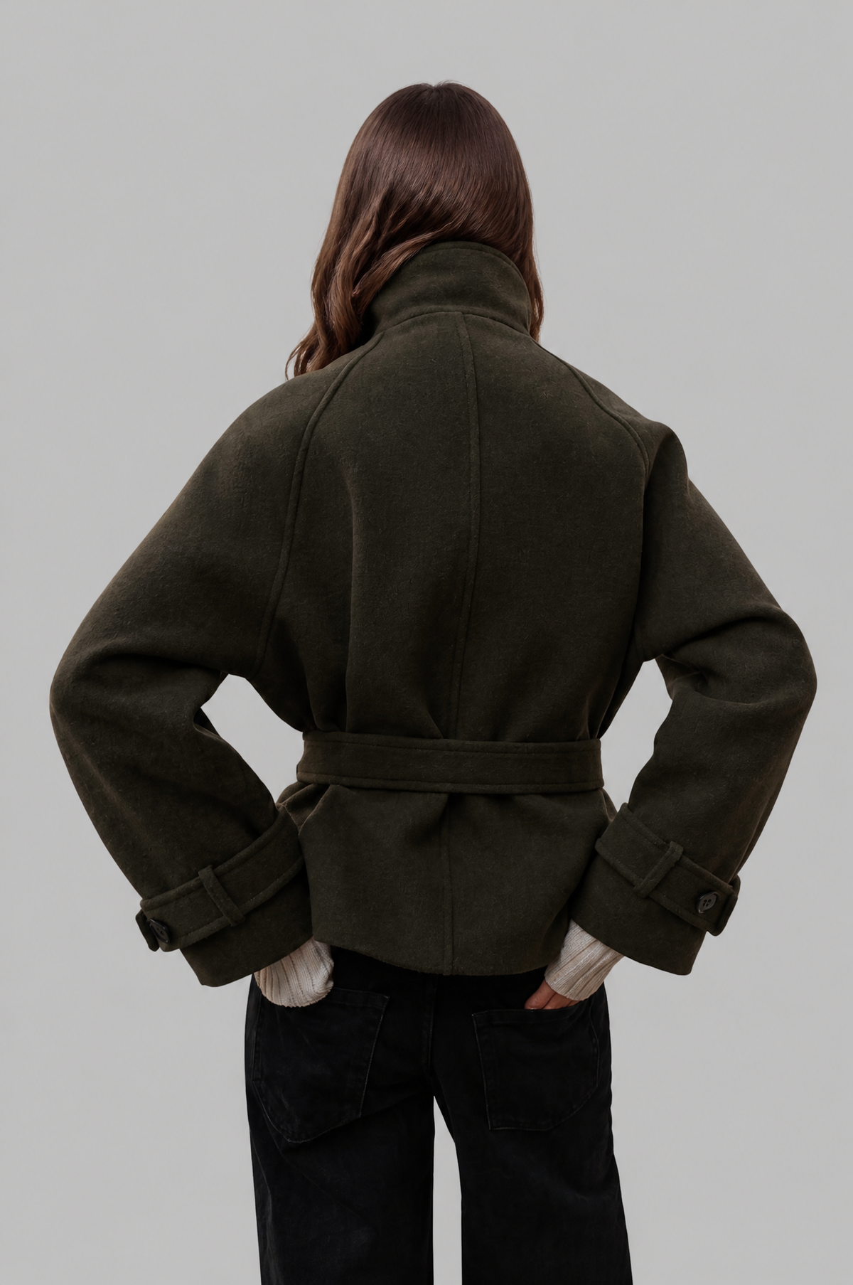 Short funnel neck belted coat for women