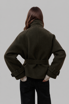 Short funnel neck belted coat for women