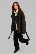 Short funnel neck belted coat for women