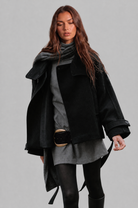 Short funnel neck belted coat for women