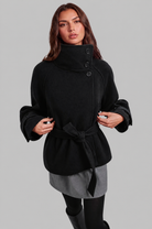 Short funnel neck belted coat for women