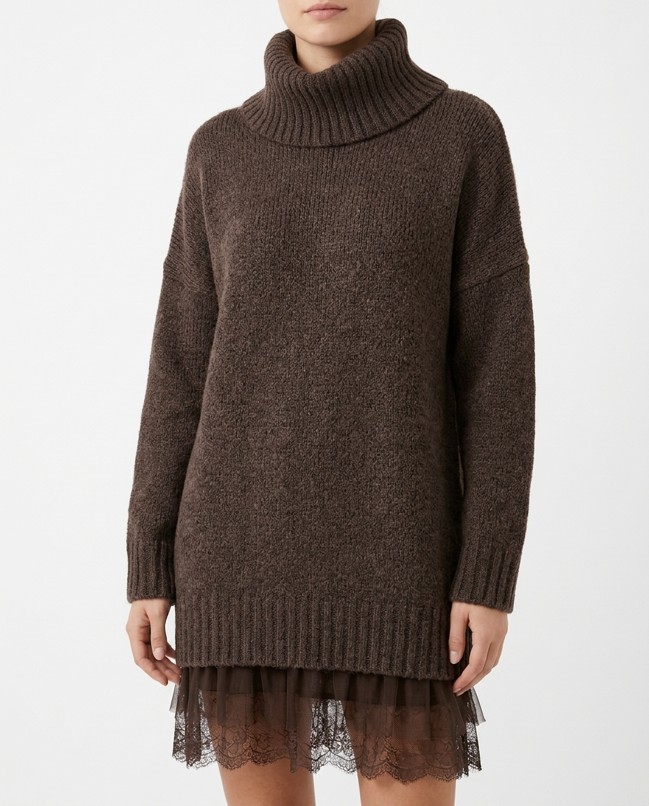 Wrenna women's lace-hem knit sweater dress - Dark Chocolate