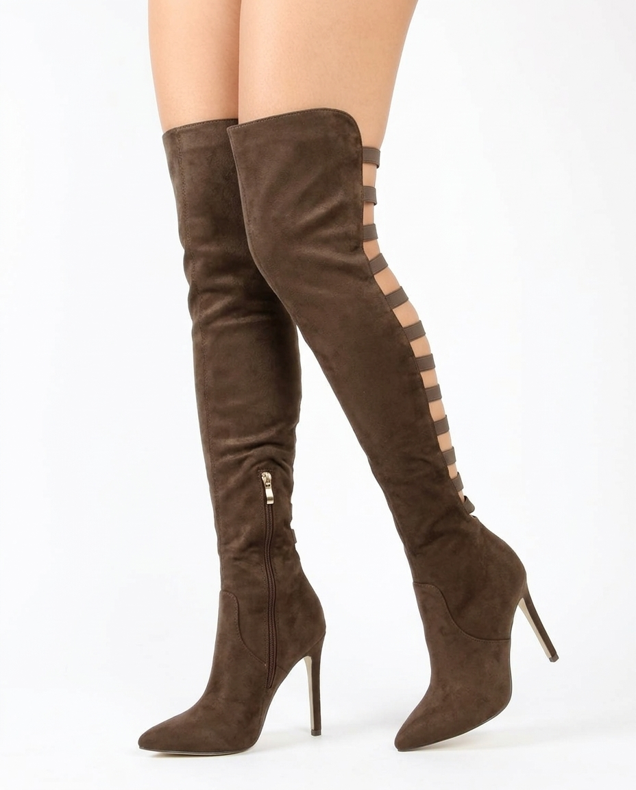 Sunniva women's strappy cut-out thigh high boots - Brown