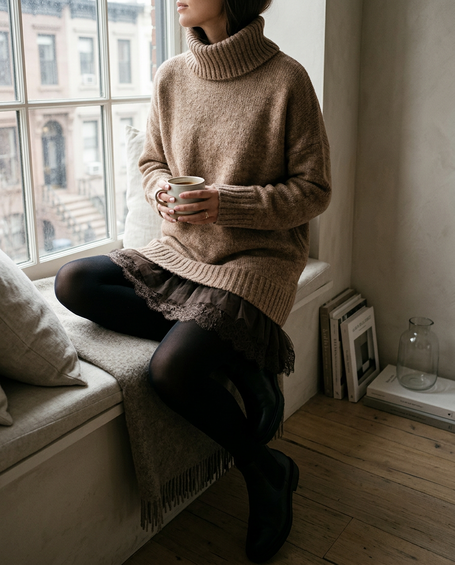 Wrenna women's lace-hem knit sweater dress - Camel styled at home