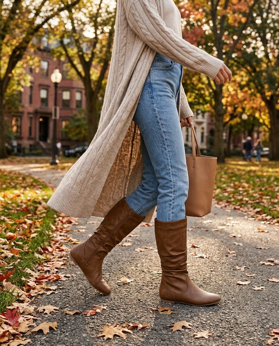 Briallen women's ruched mid-calf slouch boots - Light Brown styled with jeans