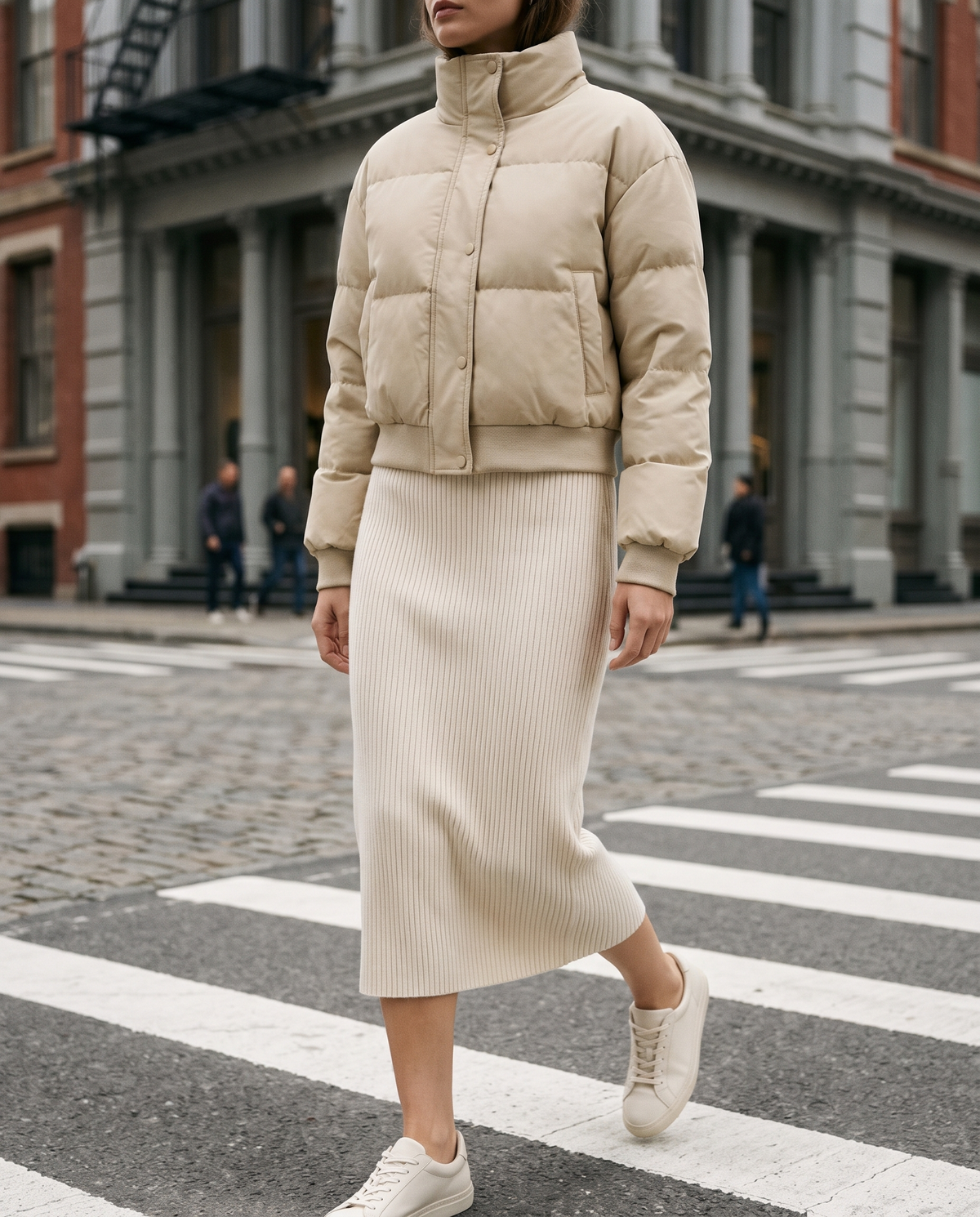 Maelle women's padded cropped bomber jacket - Beige styled with a knit skirt