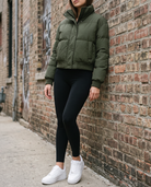 Maelle women's padded cropped bomber jacket - Green styled with leggings