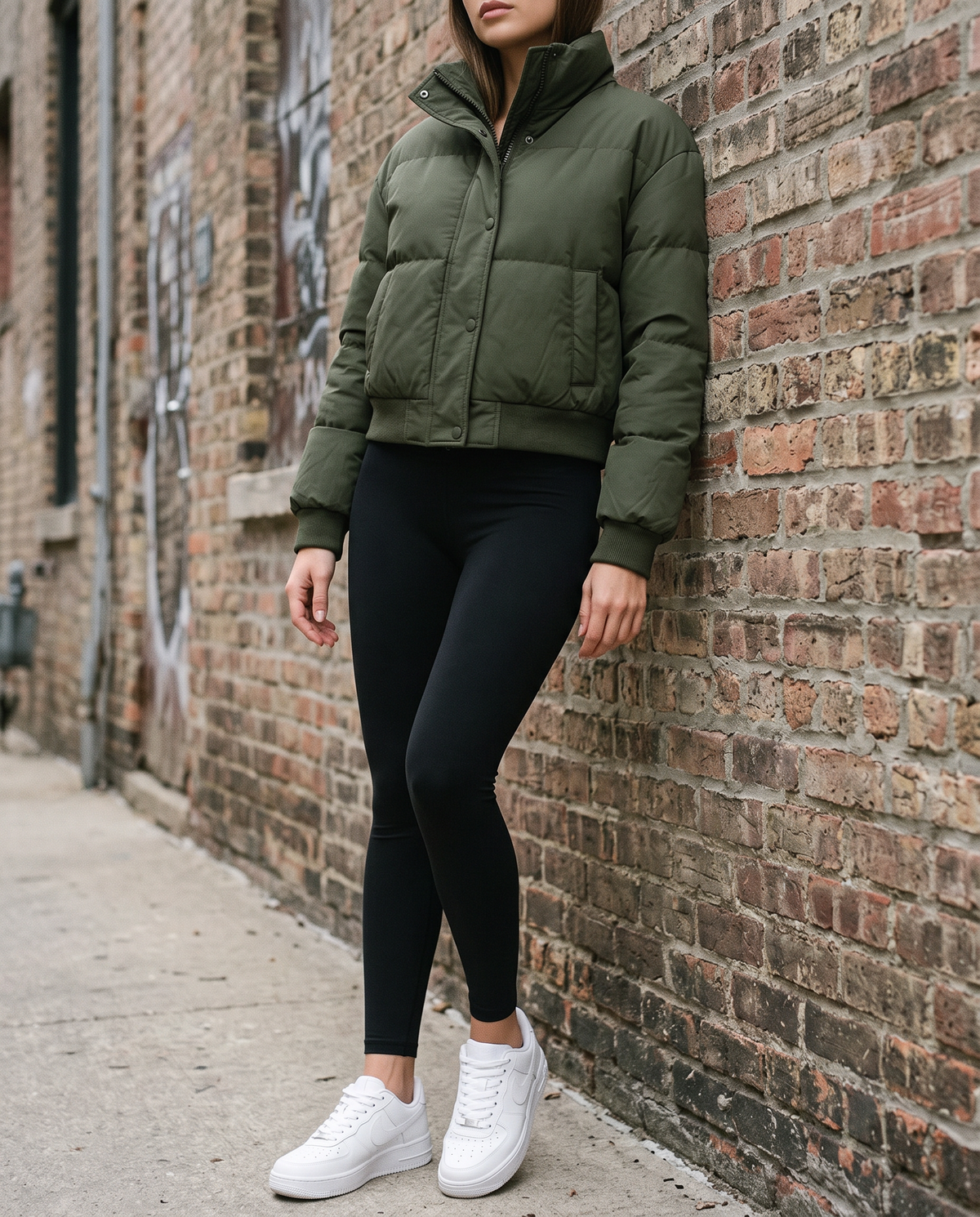 Maelle women's padded cropped bomber jacket - Green styled with leggings