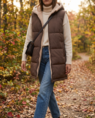 Sigrun women's sleeveless hooded woven jacket - Coffee Brown styled outdoors