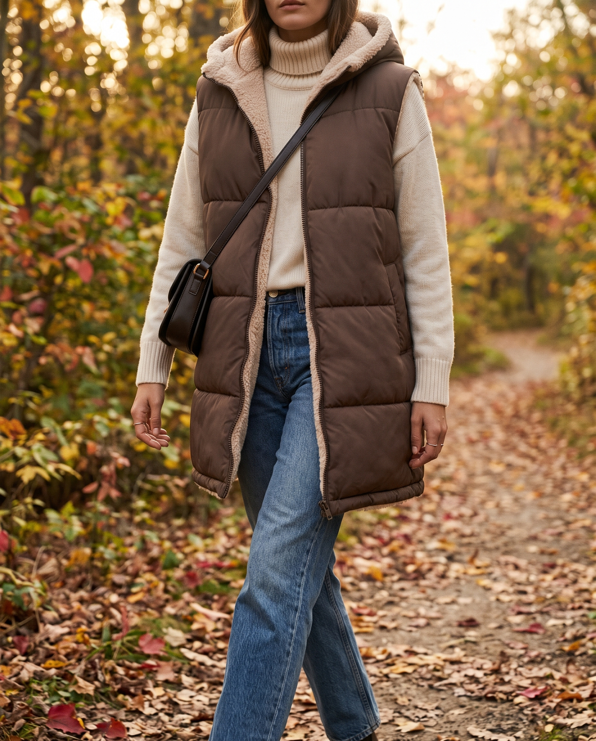 Sigrun women's sleeveless hooded woven jacket - Coffee Brown styled outdoors