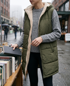 Sigrun women's sleeveless hooded woven jacket - Army Green styled with a knit