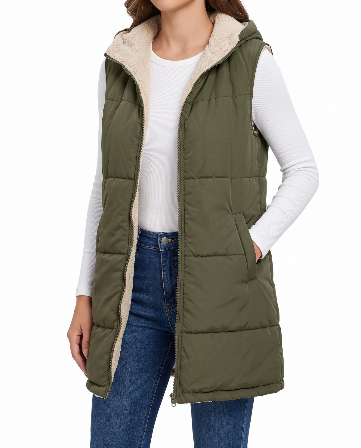 Sigrun women's sleeveless hooded woven jacket - Army Green