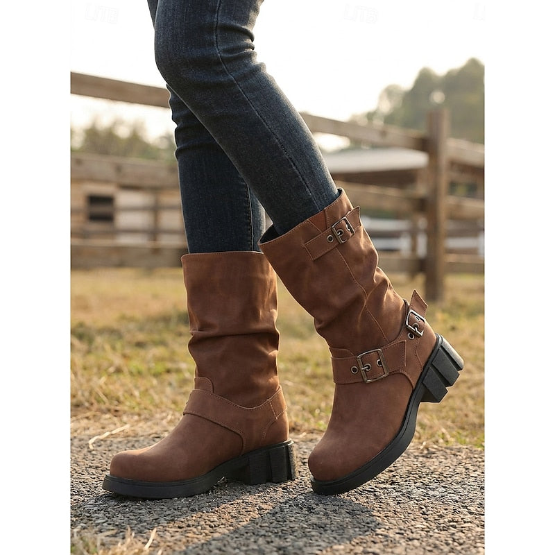 Buckled mid-calf slouch boots for women