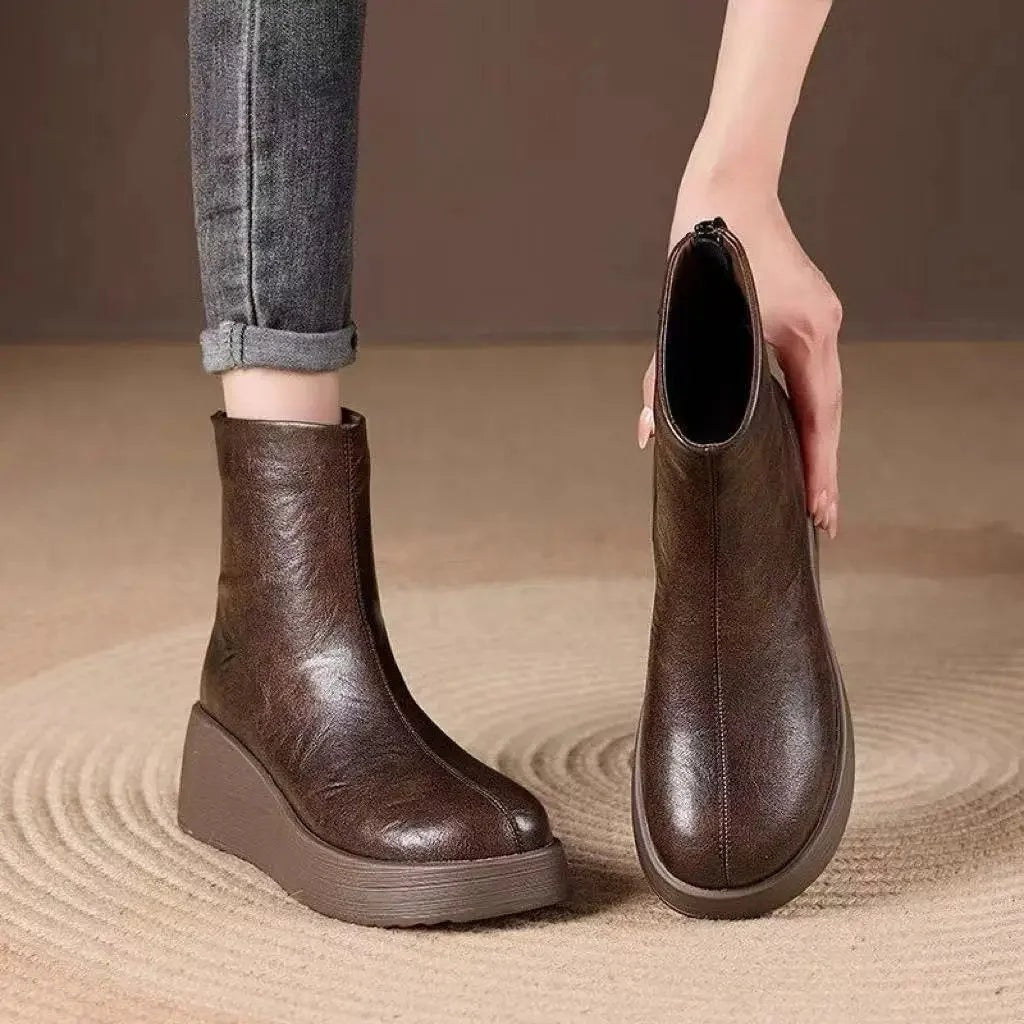 Retro platform ankle wedge boots for women