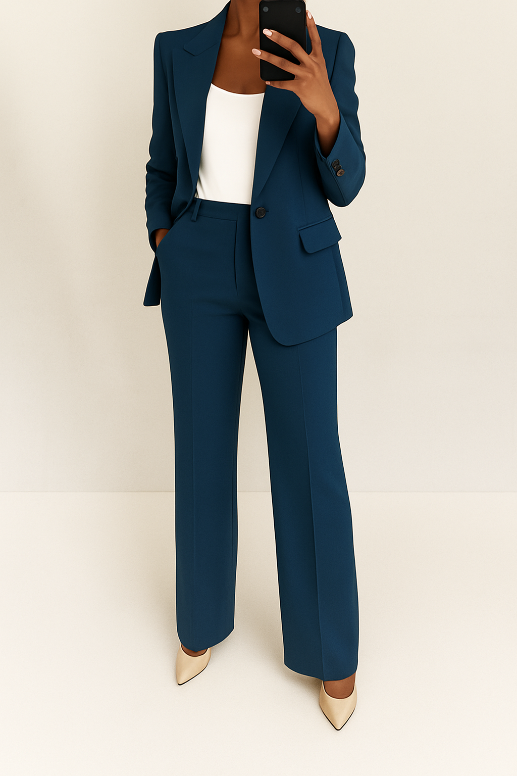 Blazer and wide-leg pant set in navy blue for women