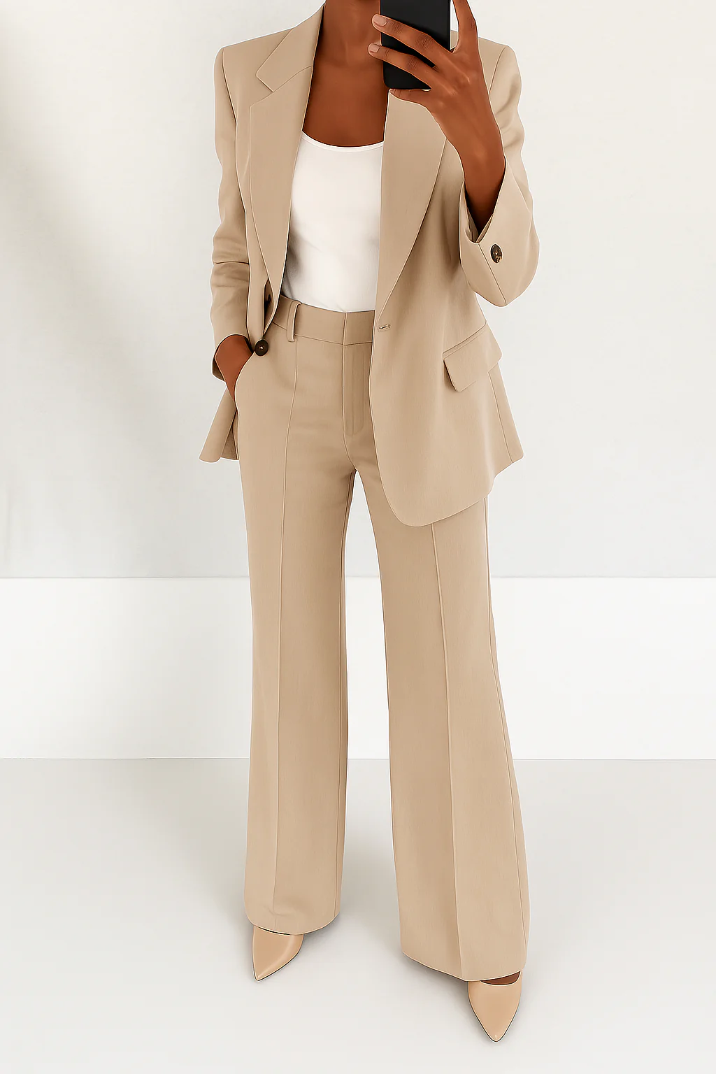 Blazer and wide-leg pant set in beige for women