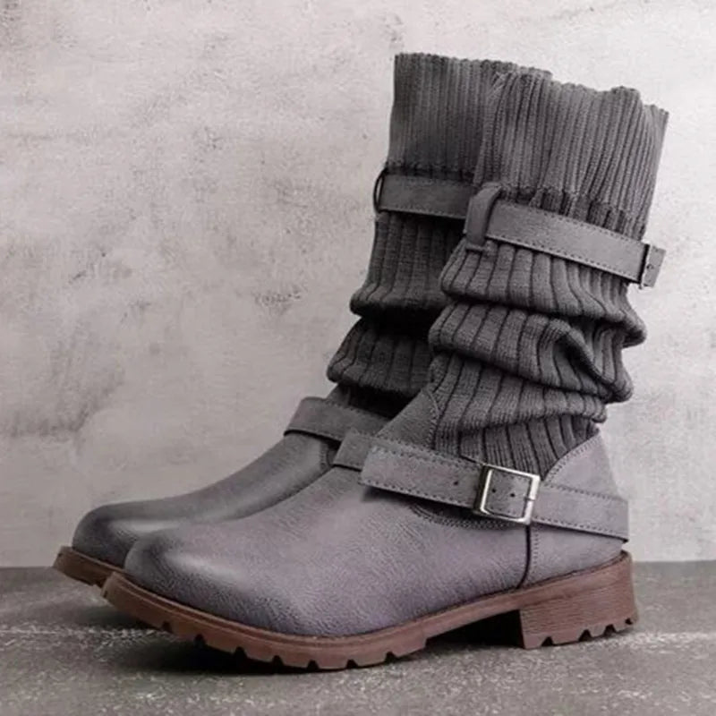 Knit buckle winter boots in grey for women