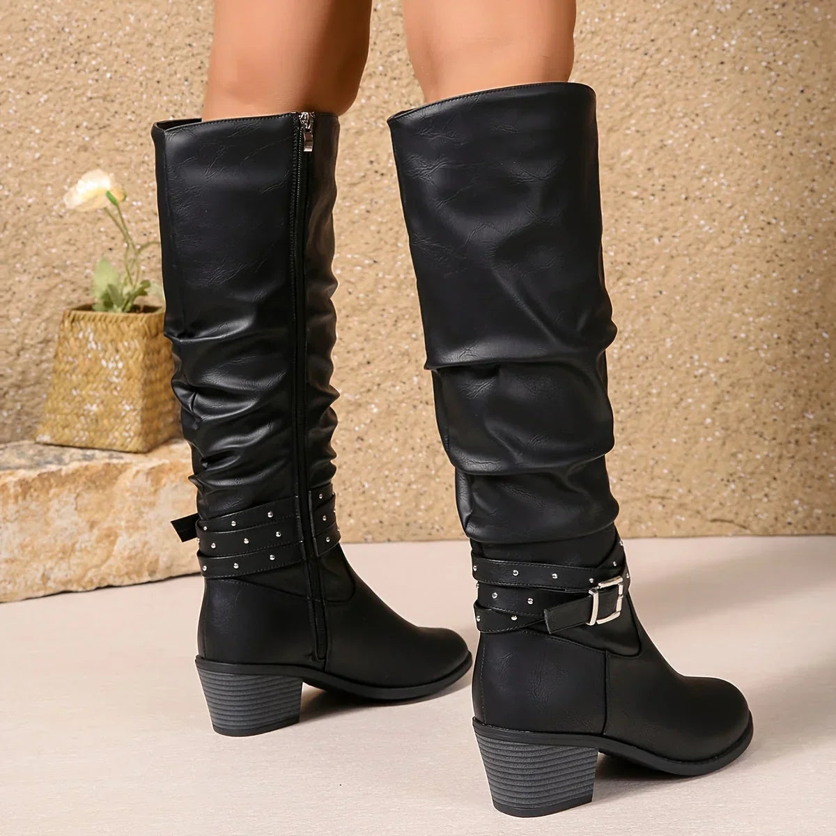 Studded buckle slouch boots for women