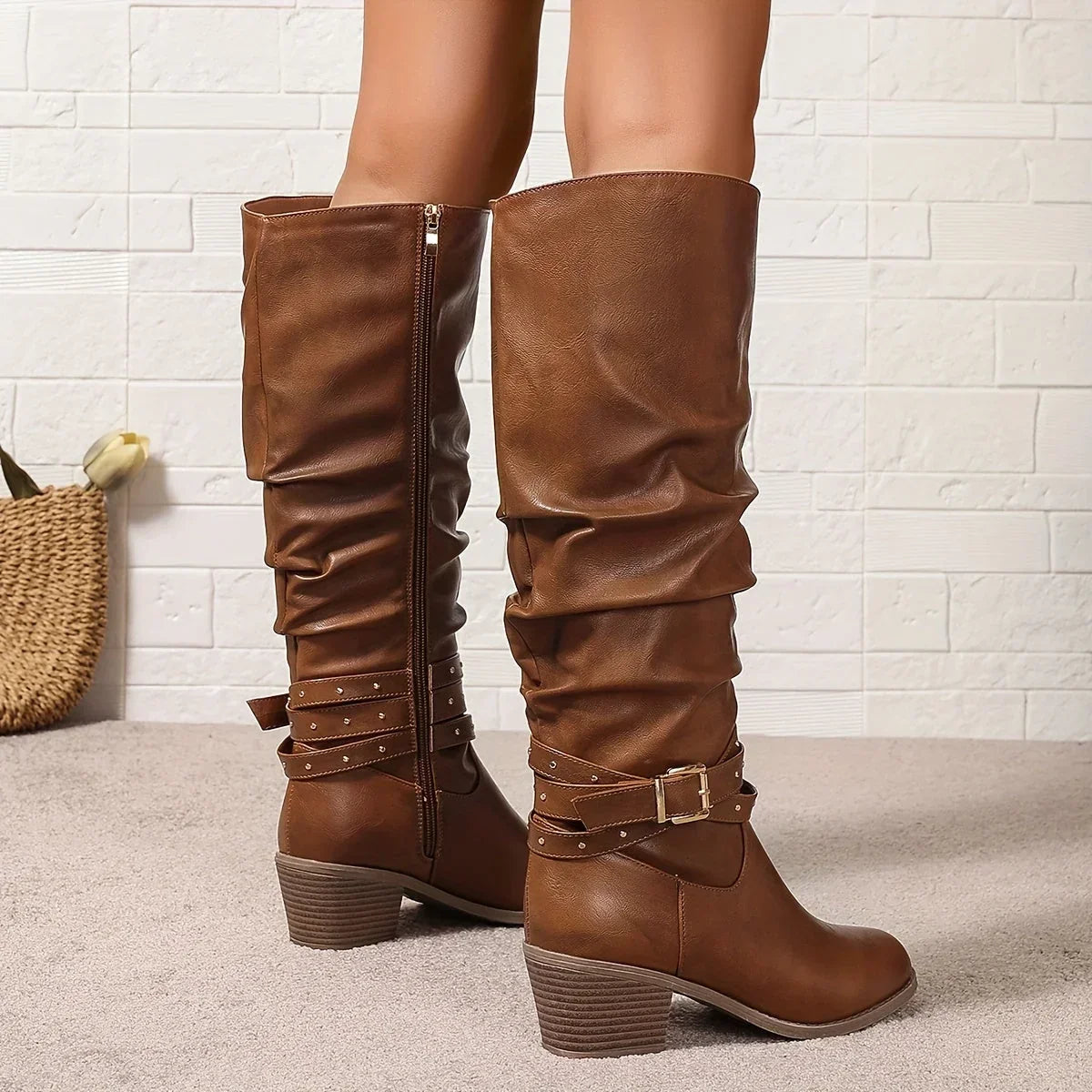 Studded buckle slouch boots for women