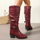 Studded buckle slouch boots in red for women