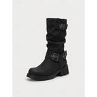 Buckled mid-calf slouch boots for women