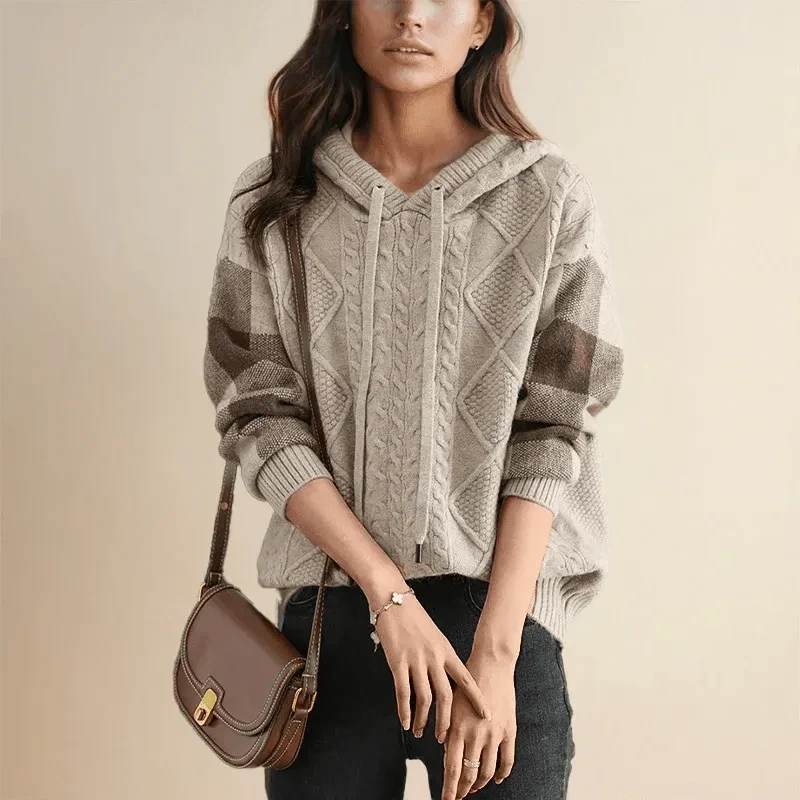 Cable knit hoodie with plaid sleeves for women