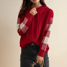 Cable knit hoodie with plaid sleeves for women