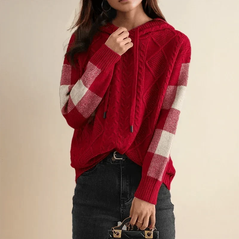 Cable knit hoodie with plaid sleeves for women